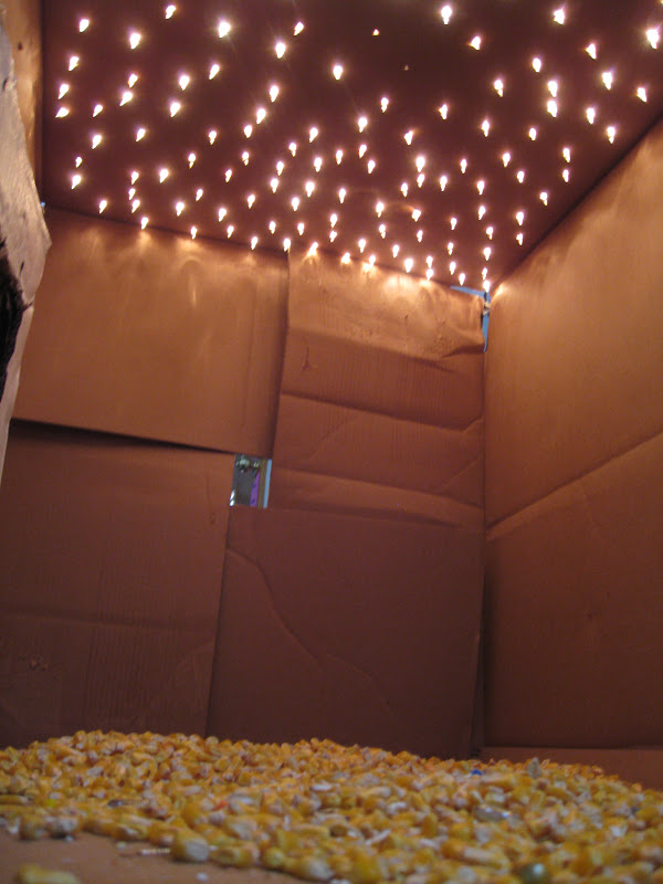 Carboard box with Christmas lights poking through the box