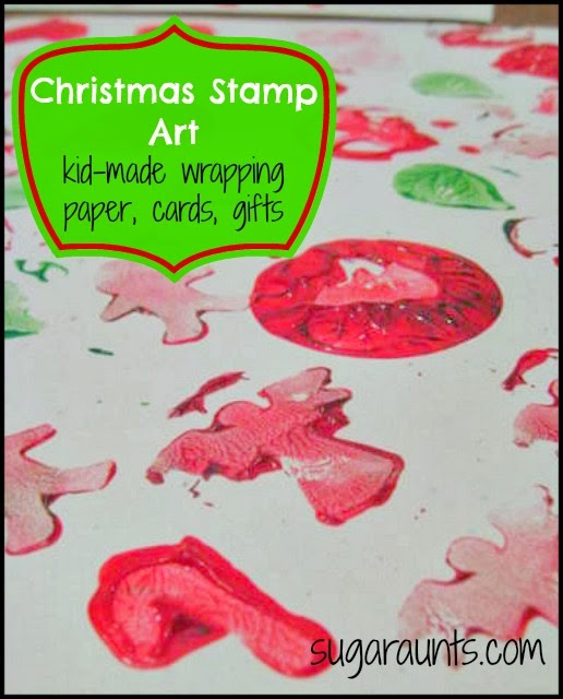 Christmas Stamp Art for kid-made wrapping paper, cards, and gifts