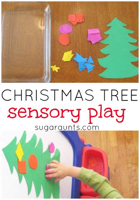 Juego sensorial del árbol de Navidad para aprender los colores y las formas. Es ideal para niños pequeños y preescolares.