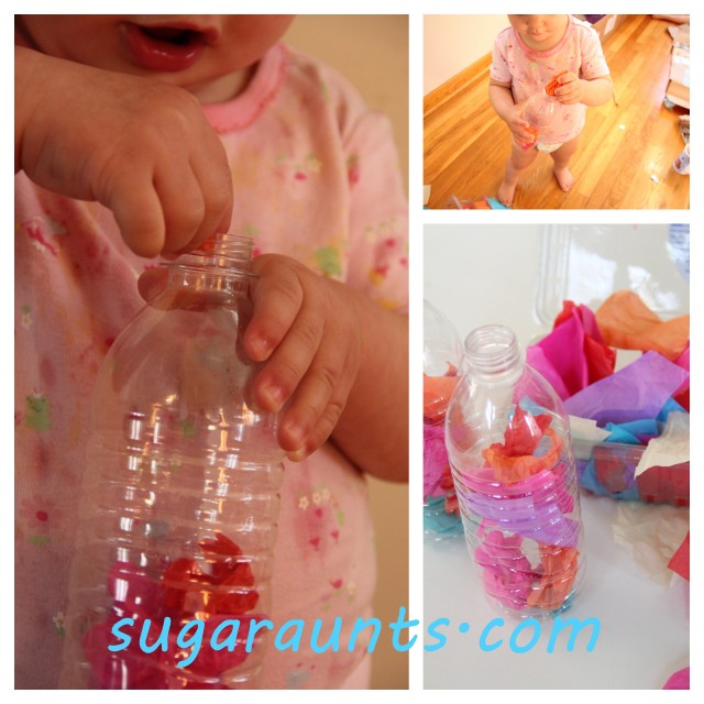 collage of child placing crumpled tissue paper into an empty plastic bottle, child holding plastic water bottle full of crumbled tissue paper, and water bottle and tissue paper squares