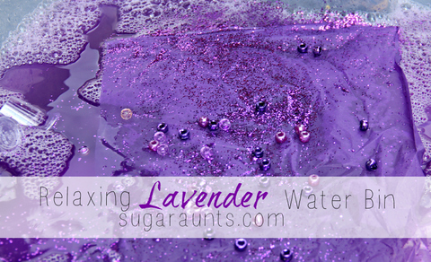 sensory bin made with lavender, purple water, and soap