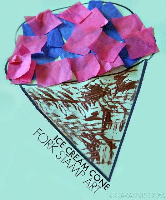 Fork Stamped Ice Cream Cone Craft. This is perfect for kids to make this summer!