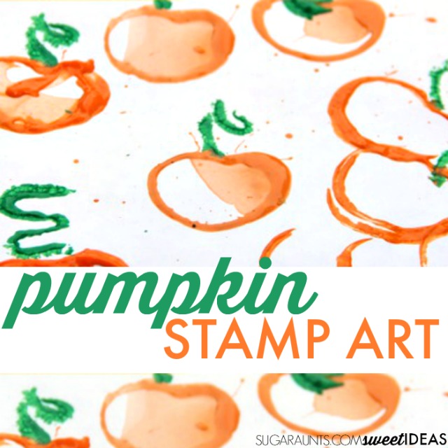 Pumpkin stamp art with toilet paper rolls to make halloween or fall themed art with kids.