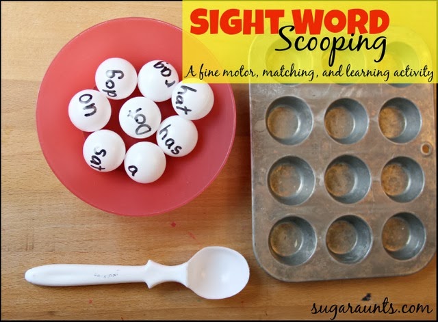 Sight Word Scooping Activity to learn, match sight words with ping pong balls. By Sugar Aunts.