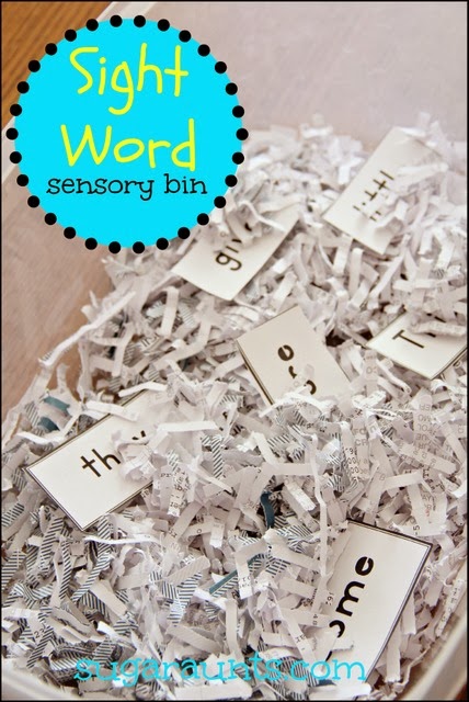 Kids can practice new sight words with a sensory bin.