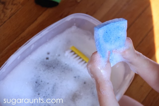 squeezing a sponge is a great fine motor exersice for kids.