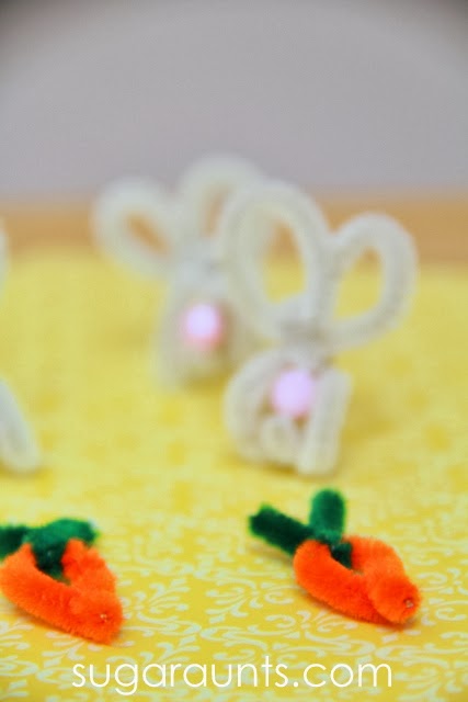 Pipe cleaner Easter Bunny and carrots for pretend play