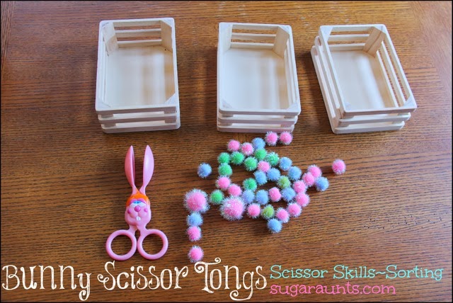 New scissor users will love to sort and manipulate crafting pom poms with bunny tongs.