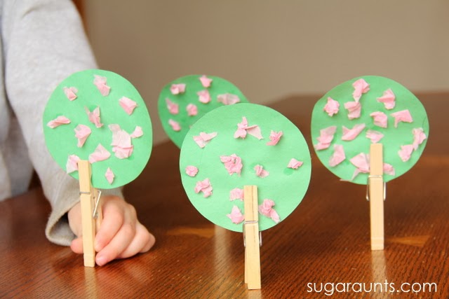 Make Cherry Blossom tree crat to work on fine motor skills with clothes pins for trunks.