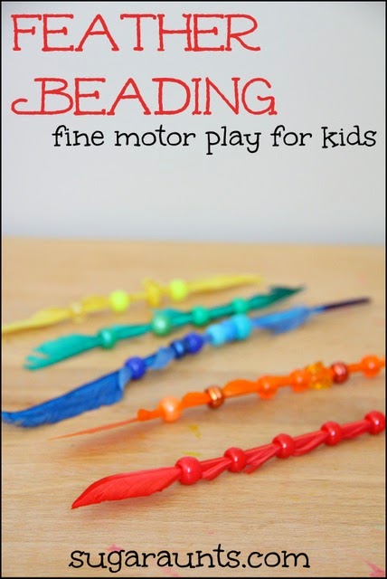 Kids can work on fine motor skills and color matching awareness while beading feathers.