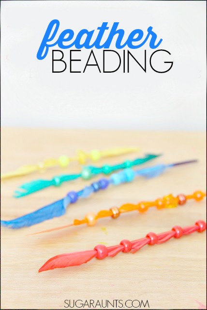 Fine motor activity for kids using beads and feathers.