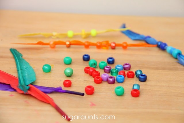 Preschoolers and Toddlers can match beads to feathers to learn colors.