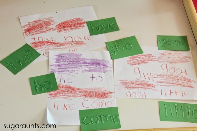 Sight word activity for kids with crayon rubbing activity.