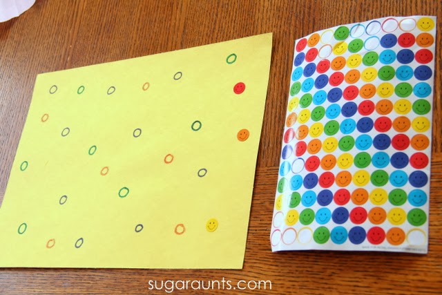 Use stickers to color match and work on eye-hand coordiantion, fine motor skills.