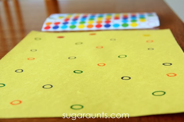 Eye hand coordination is tested and practiced with this easy color matching activity for kids.