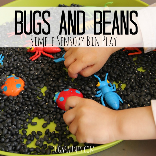 Simple sensory bin play idea with Beans and Bugs.