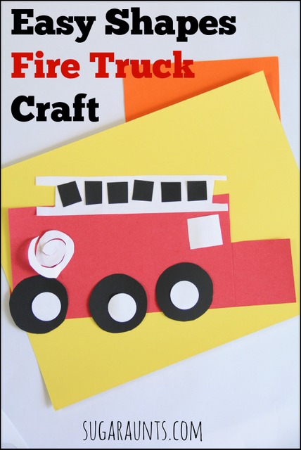 Manualidad de camión de bomberos con formas fáciles. Esto es divertido para los niños pequeños y preescolares durante la semana de la seguridad contra incendios.