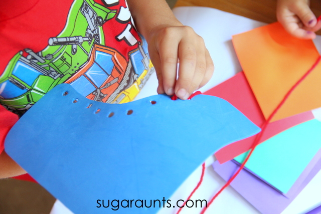 Kids can use this shoe tying craft to build fine motor skills, lacing, and shoe tying.