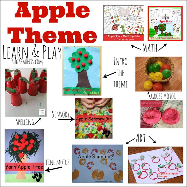 Apple themed activities for learning and play: Math, spelling, fine and gross motor, art, sensory. This is perfect for school or home preschool apple themed week!