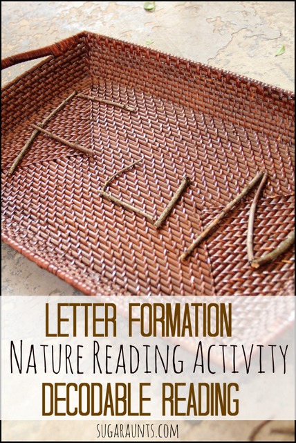 Work on letter formation and decodable reading using nature. From Sugar Aunts