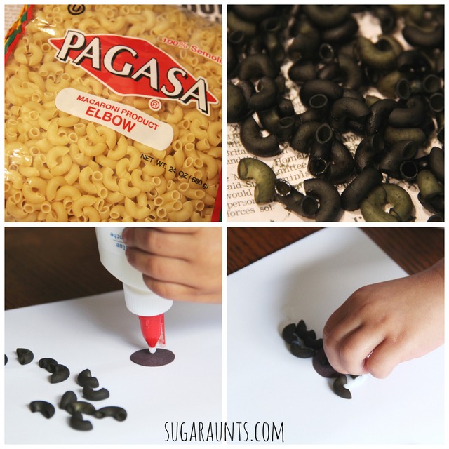 How to dye pasta for a spider craft. Use dyed noodles for a spider craft for a Halloween school party.