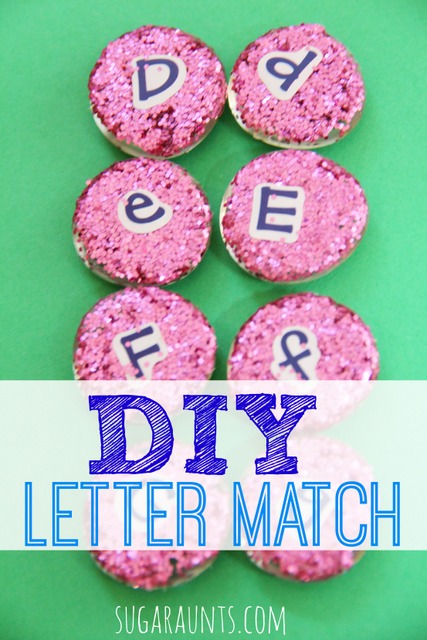 DIY letter match manipulatives with glass gems.  These are great for letter identification, matching, memory games, pre-reading.