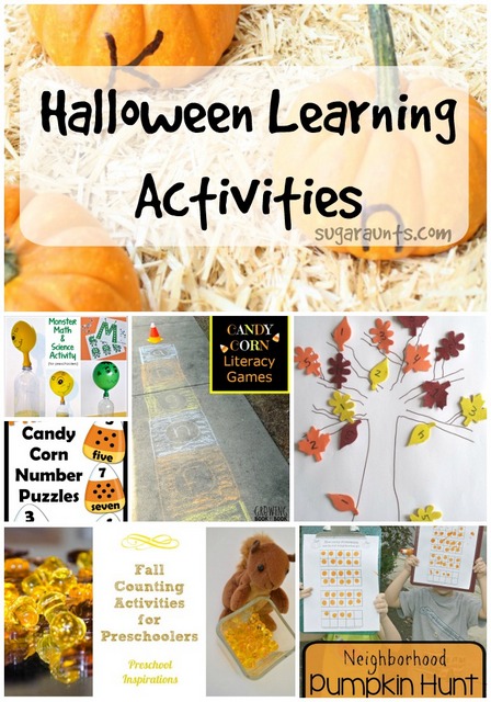 actividades de aprendizaje de halloween para preescolares y niños pequeños. Actividades de matemáticas, ciencias y lectoescritura con temática otoñal o de Halloween.