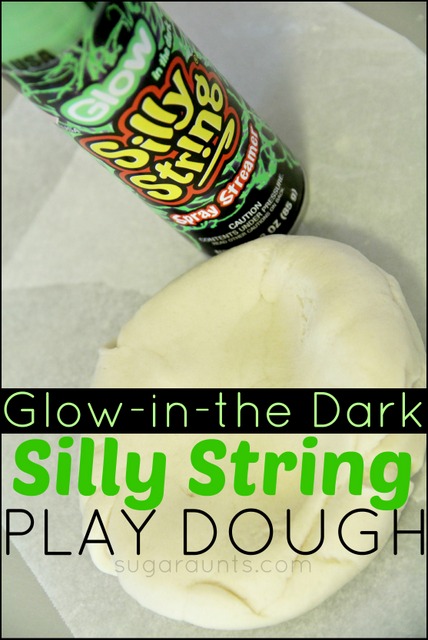 Make your own glow in the dark play dough using silly string! It really glows! This would be fun for a Halloween party.