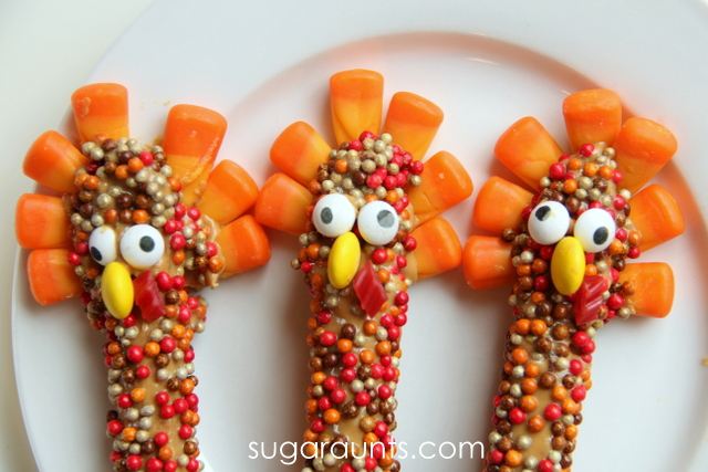 Cute turkey snack for kids made from pretzel rods.
