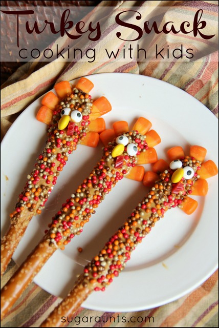 Thanksgiving snack for kids to help with. Turkey peanut butter pretzel rod snack