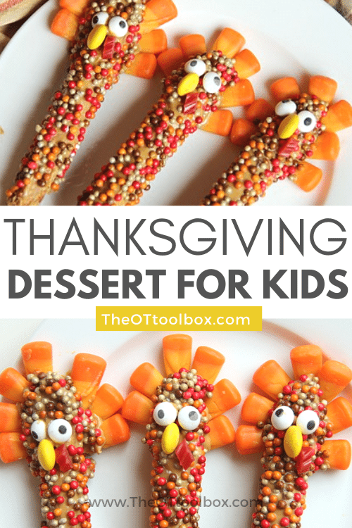 Thanksgiving treats for kids can include turkey pretzel rod snacks, a thanksgiving dessert made by kids!