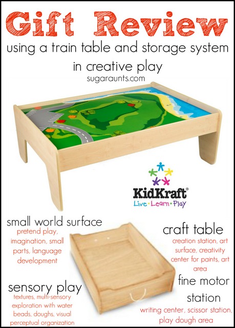 Train Table review for gifts.  Use a train table for so much ore than just train play: fine motor station, craft table, small world surface, art area. We use our train table every day!