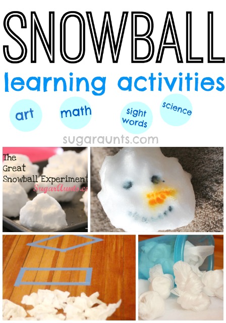 Snowball learning activities for kids this winter. Snowball math, snowball science. snowball art, snowball sight words
