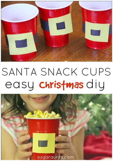 Santa snack cup DIY craft.  This is easy to make and perfect for family movie night!