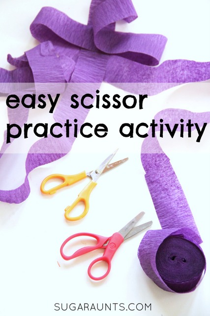 Practice scissor skills with a roll of crepe paper for an easy scissor activity.