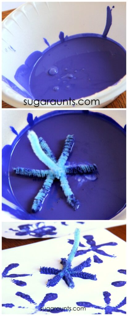 Make snowflakes art with pipe cleaner stamps.