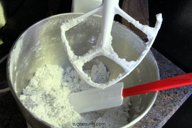 Make snow dough in a mixer or you could mix by hand.