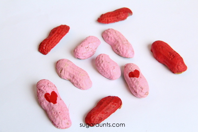 Paint peanut shells for a sensory experience with kids.  This is fun for Valentines Day.  I'm NUTS about you!