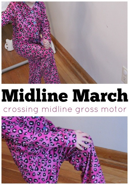 Midline march. Crossing midline gross motor activity to help with handwriting, and bilateral hand coordination skill.