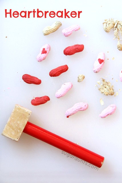 Broken heart? Celebrate Valentines Day with a smashing good time! Proprioception activity for kids with peanut shells.