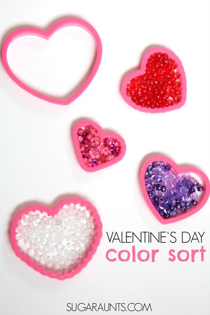 Valentine's Day busy bag color sorting activity with beads for fine motor work and color identification.