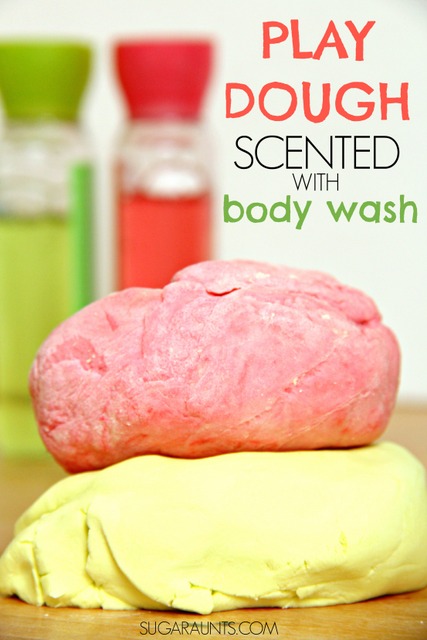 Did you know you can make your own homemade scented play dough using body wash?  This stuff smells amazing and is so easy to make!