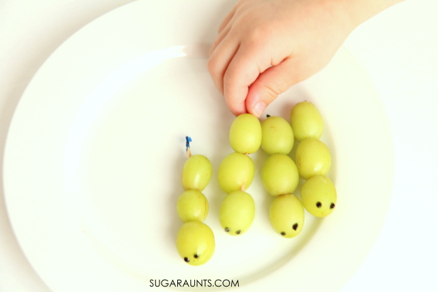 Frozen grapes caterpillar healthy snack for kids.