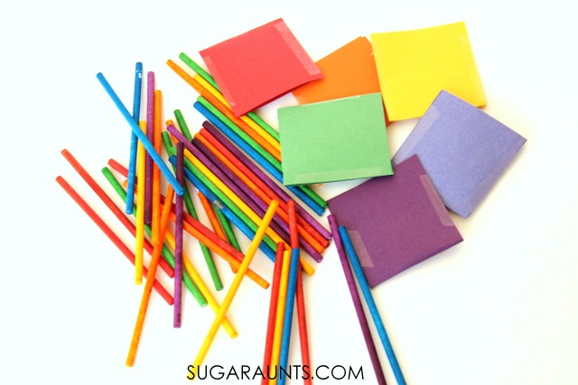 Rainbow dyed lollipop sticks color sorting busy bag for kids.  This is perfect for a quiet time activity.