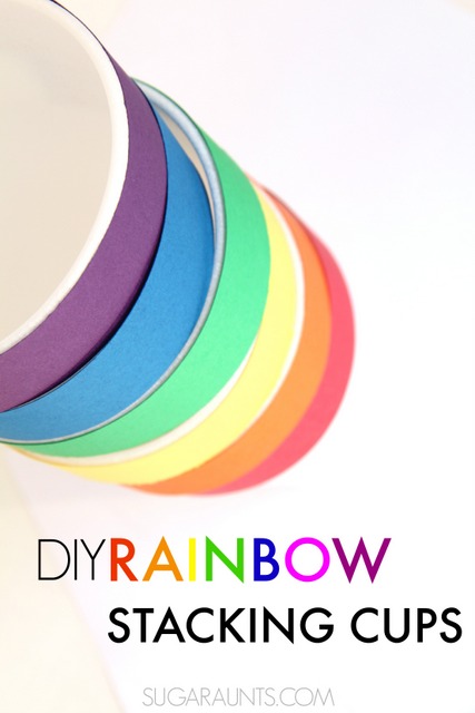 DIY Rainbow Stacking Cups para la identificación de los colores, el orden de los mismos y el aprendizaje del arco iris con este juguete para apilar y construir.