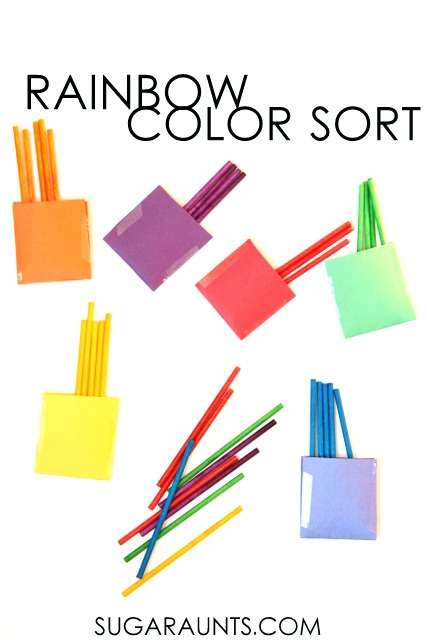 Color sort busy bag activity using rainbow dyed lollipop sticks. This is such a fun idea!