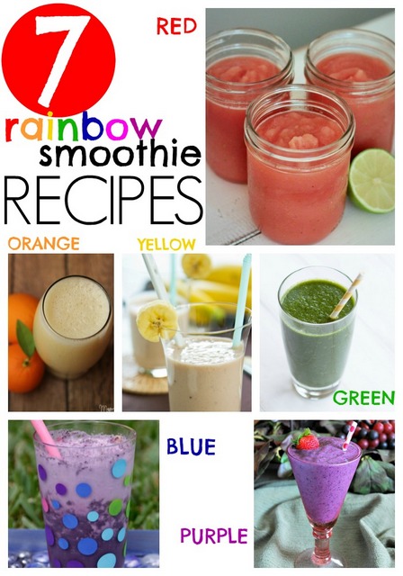 Kids will love these healthy smoothie recipes!  Sip your way through the rainbow with red, orange, yellow, green, blue, purple smoothies. From Sugar Aunts.