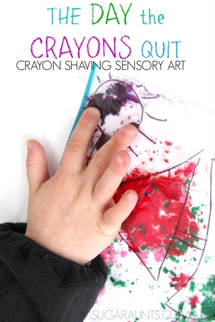 Crayon shaving art craft for sensory play based on the book, The Day the Crayons Quit