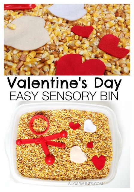Easy Valentine's Day sensory bin idea for scooping and pouring.  Sometimes simple play is the best!