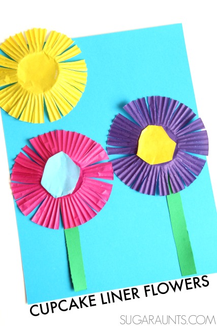 Make a spring flower craft and practice scissor skills with kids using cupcake liners.